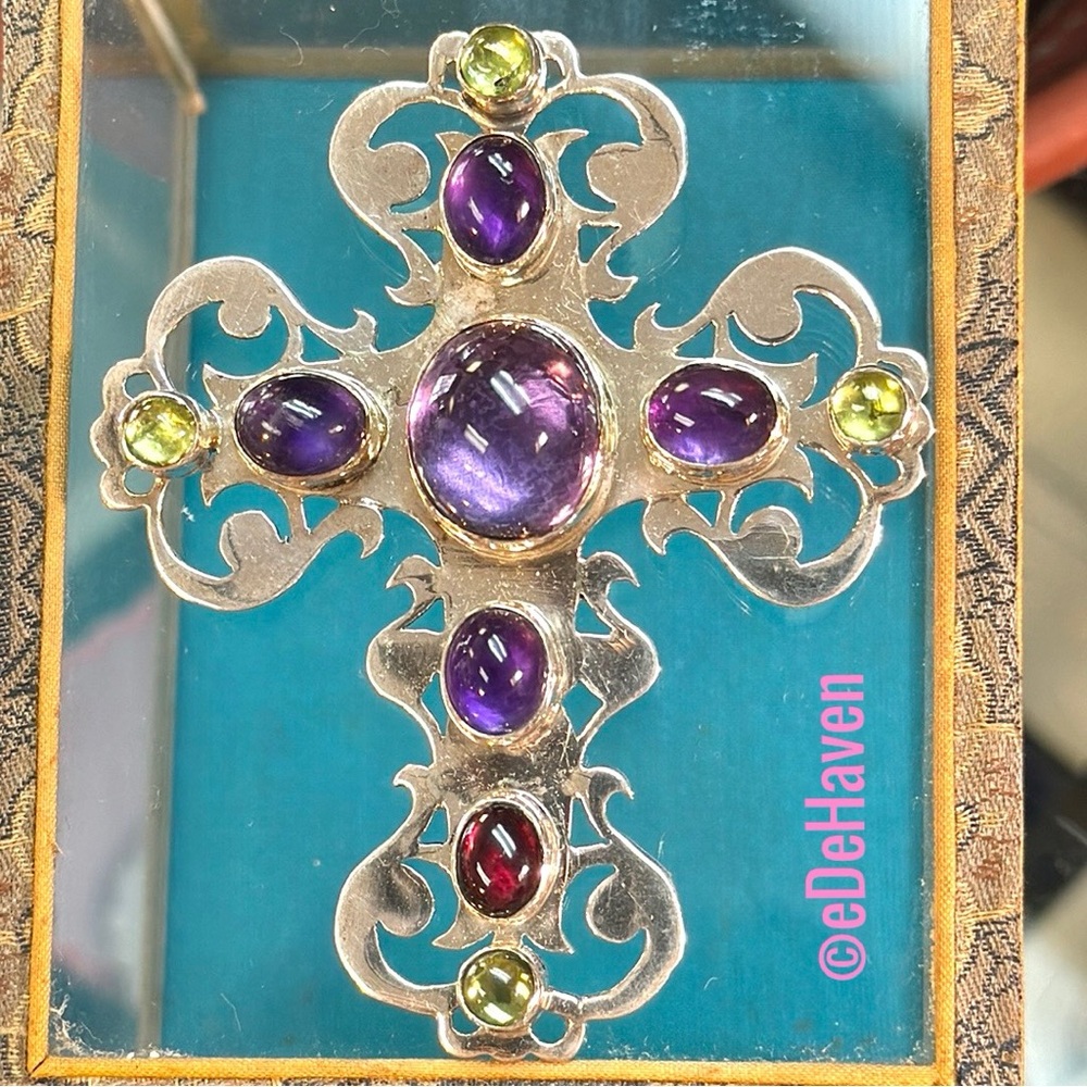 Sterling Amethyst ~ Garnet ~ Peridot Cross ~ Pendant/Brooch